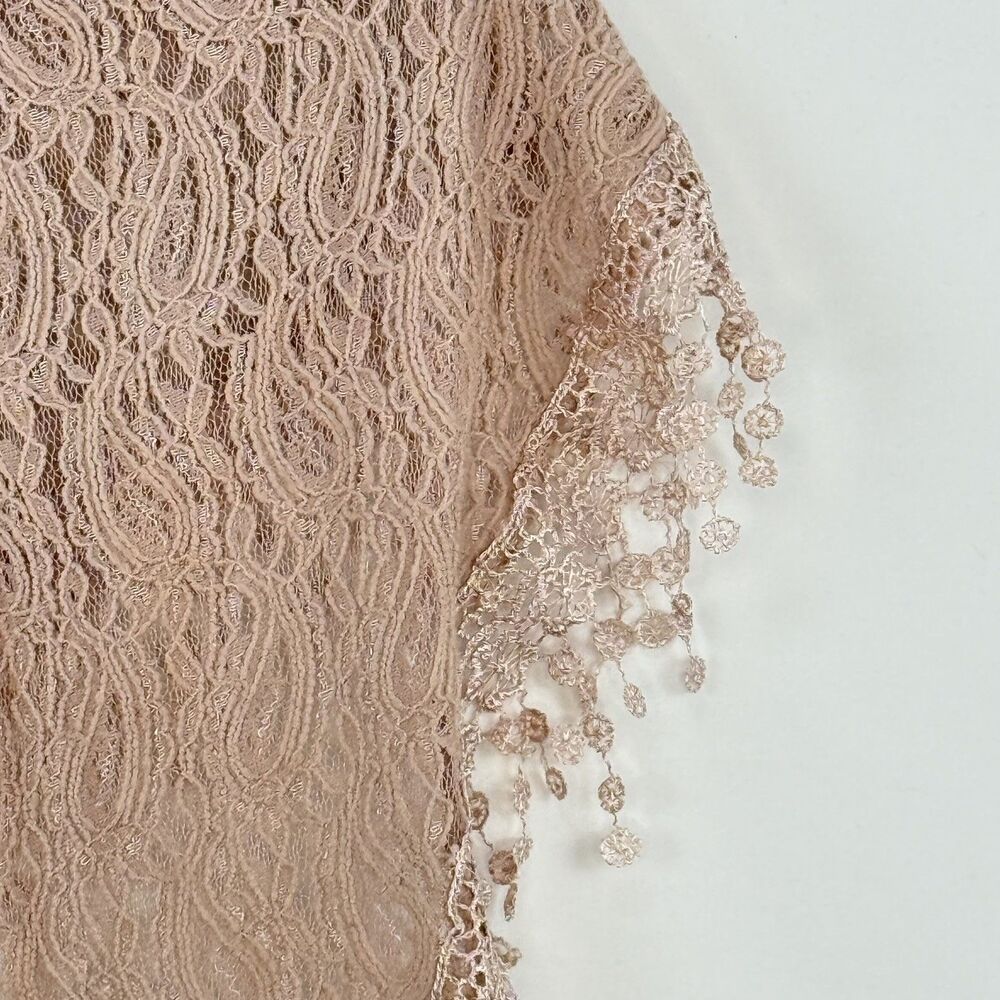 Women’s Pink Lace Triangle Shawl or Mantilla with Fringe Trim 64” X 18” - Picture 12 of 13